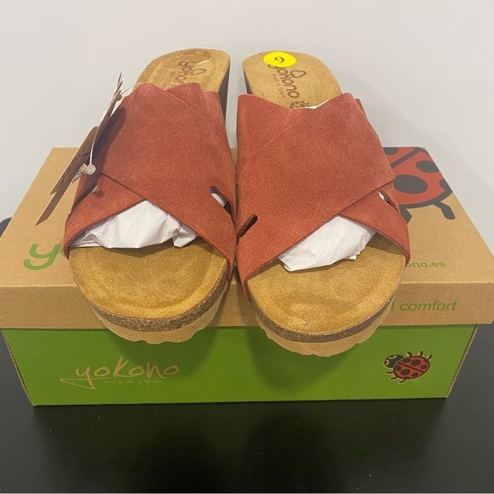 YOKONO Women’s Canela Suede Cross Band Padded Wedge Sandals Brick Size 9 - Picture 2 of 6